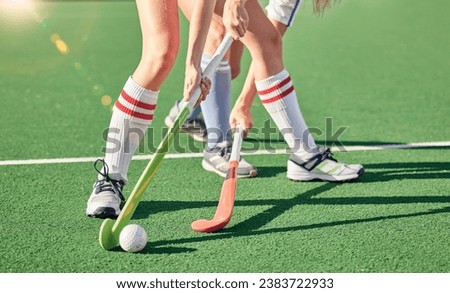 Hockey stick, hockey ball and turf competition, sports games and challenge on grass field, pitch and outdoor. Women team, field hockey players and contest, action and sport training on stadium arena