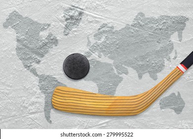 Hockey stick   puck the ice and the image world map