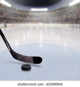Hockey stick and puck on ice in fictitious arena with fans in the stands and copy space. 3D rendering of hockey rink arena.