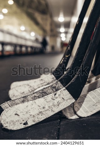 Hockey sticks lined up against a wall at the hockey rink
