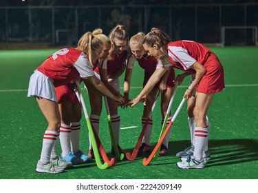 Hockey, together hands and women teamwork, support or motivation for game, competition or training strategy communication. Leadership, sports and group hand stack circle in target goal collaboration - Powered by Shutterstock