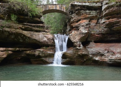 Hocking HIlls OH Old Man's Cave Waterfall  and Bridge - Shutterstock ID 625568216