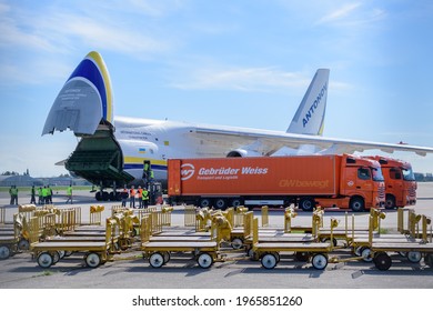 Hoersching, Austria, 30 April 2021, Antonov Ruslan 124-100 Cargo Aircraft With Open Front Door At The Airport Of Linz