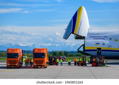 Hoersching, Austria, 30 April 2021, Antonov Ruslan 124-100 Cargo Aircraft With Open Front Door At The Airport Of Linz