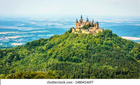 Hohenzollern Castle On Mountain Top, Germany. Scenic Panorama Of German Burg, Famous Landmark In Stuttgart Vicinity. Amazing View Of German Gothic Palace. Skyline, Landscape Of Swabian Alps In Summer