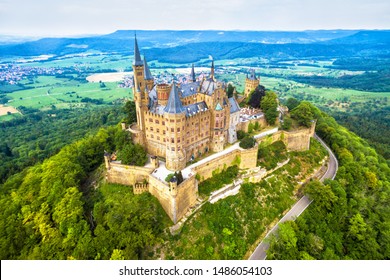 Hohenzollern Palace On Mountain Top In Stuttgart Vicinity, Germany, Europe. Aerial View Of Old Castle, Landmark Of Swabian Alps. Landscape Panorama, Skyline. Sightseeing And Travel In Stuttgart.