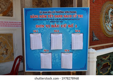 Hoi An, Vietnam, May 23, 2021: Electoral Roll Lists In The Temple Trieu Chau Assembly Hall Enabled To Vote In The XV Parliamentary Elections In Hoi An, Vietnam