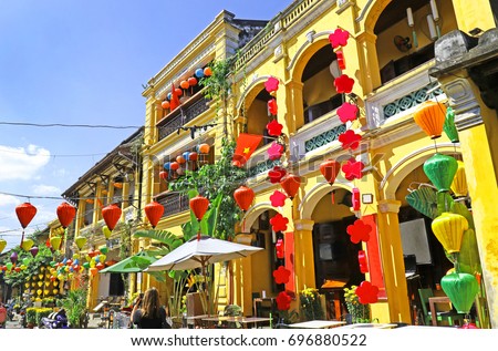 Hoian Ancient town houses. Colourful buildings with festive silk lanterns. UNESCO heritage site. Vietnam