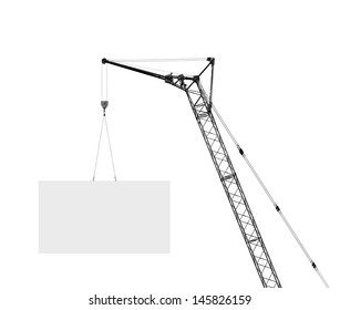hoisting crane with empty board, silhouette on a white background