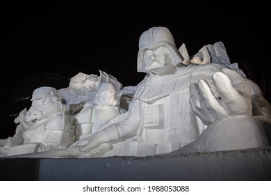 Hokkaido, Japan - : Feb 5, 2015: Snow Sculptures Of Star Wars Characters At Sapporo Snow Festival