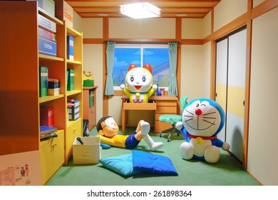 HOKKAIDO, JAPAN - JUNE 6, 2014: Photo Of Doraemon And Friends In Nobita's Room At DORAEMON WAKU WAKU SKY PARK, New Chitose Airport. Doraemon Is An All Time Famous Japanese Movie Series And TV Cartoon.