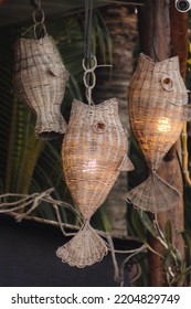 HOLBOX, MEXICO - SEPTEMBER 21, 2022: Fish Shaped Light Fixture On An Island Hut.