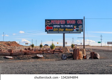 Holbrook, Arizona / USA March 14, 2019: Jim Gray’s Petrifed Wood Billboard