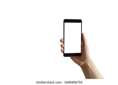 Hold mobile phones, smartphone in hand devices and touch screen technology. Woman hand holding the black smartphone.
 - Shutterstock ID 1640406754
