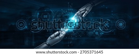 Hold on, robot hands control CMS and futuristic interface, enabling content updates. Smart publishing. Streamlined workflows enhance digital presence efficiently.