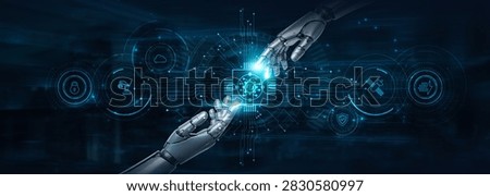 Hold on, robot hands control CPS and futuristic interface, merging physical and digital. Intelligent automation. Real-time systems enhance industry operations safely.