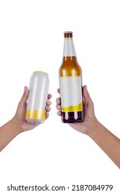 ็Hand Holding Bottle And Can Of Beer Isolated On White Background. Show Up And Clink