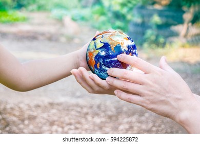 Holding Earth Planet In The Hand With Green Tree Spring Background. Corporate Social Responsibility Or CSR Concept. Elements Of This Image Furnished By NASA