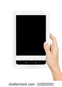 Holding E-book reader in hands. Include clipping path for screen