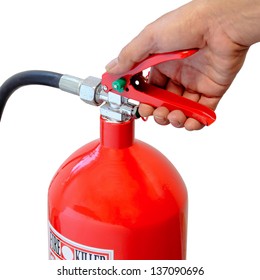 Holding fire extinguisher isolated over white background