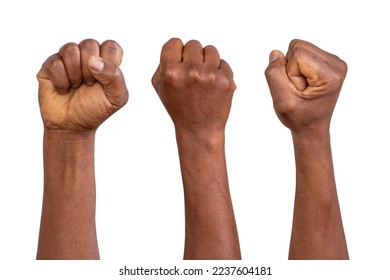 Holding fists up in the air isolated on white or background