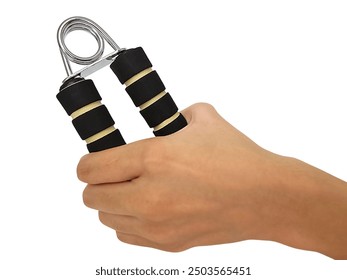 Holding foam hand grip exercise tool for improving arm and muscle strength, isolated on white background with clipping path. Fitness gym training equipment. Hand muscle expander. - Powered by Shutterstock