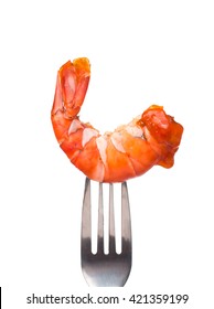 Holding Fork, Eating Grilled Shrimp Isolated On White Background