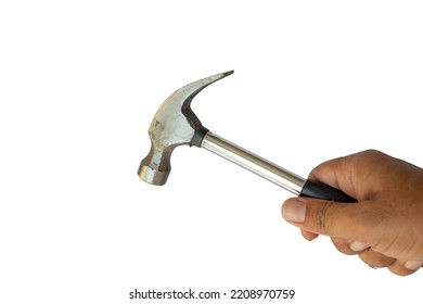 Holding Hammer In Hand On Isolated White Background