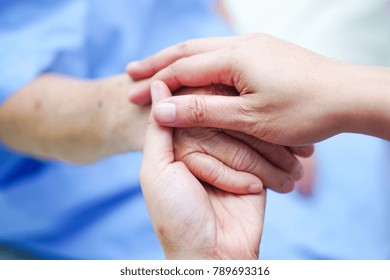 Holding Hands Asian Senior Or Elderly Old Lady Woman Patient With Love, Care, Encourage And Empathy At Nursing Hospital