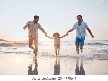 Holding hands, beach and gay couple with a child, happy or vacation with celebration, quality time or bonding. Queer people, men or kid with sun flare, seaside holiday or family with love or lgbtq - Powered by Shutterstock