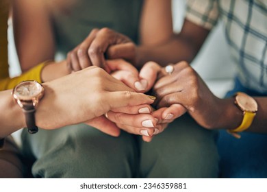 Holding hands, circle and support, trust and prayer, solidarity and hope, empathy or care of community in religion. Comfort, worship and group of people in therapy, counselling and psychology meeting - Powered by Shutterstock