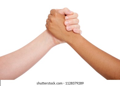 Holding hands couple of a mixed race isolated on white background