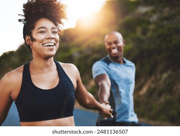 Holding hands, couple and running on mountain for workout, exercise and fitness or cardio for wellness. Sunshine, woman and happy man in nature for health, performance or marathon training in morning - Powered by Shutterstock