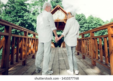 Holding Hands. Happy Appealing Nice-looking Cheerful Elderly Silver-haired Loving Married Couple Wearing Matching Outfits Holding Hands And Standing On The Bridge.