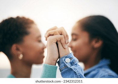 Holding hands, lgbtq and queer couple with love, outdoor and romance with support, marriage and quality time. Lesbian, fingers and women with holiday, romantic and loving together with equality - Powered by Shutterstock