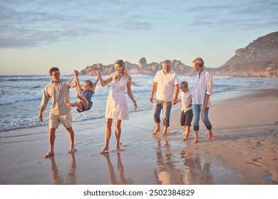 Holding hands, ocean and big family with vacation, happiness and travel for adventure, fun and play. Generations, beach and grandparents with mother, father and kids with childhood, smile and journey - Powered by Shutterstock