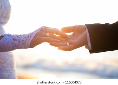 Holding Hands With Wedding Rings On The Background Of Sea And Sun.