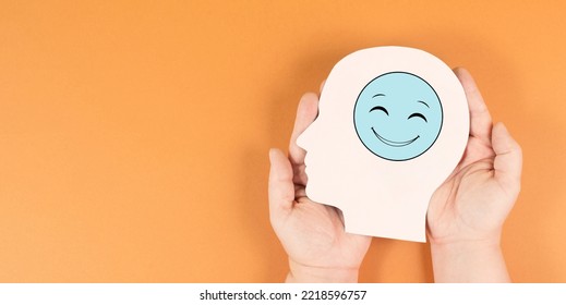 Holding A Head With A Happy Smiling Face, Mental Health Concept, Positive Mindset, Support And Evaluation Symbol