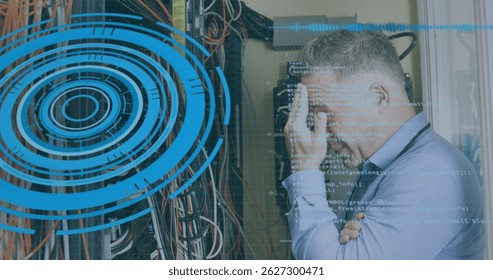 Holding head tech crossing arms in data center with ethernet cables and digital overlay, copy space. Technology, cybersecurity, infrastructure, connectivity, digital, engineering, professional