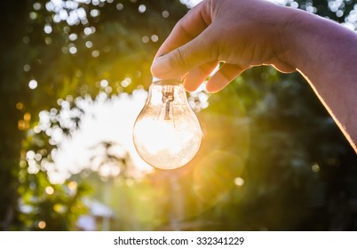 And Holding A Light Bulb With Sunset Power Concept