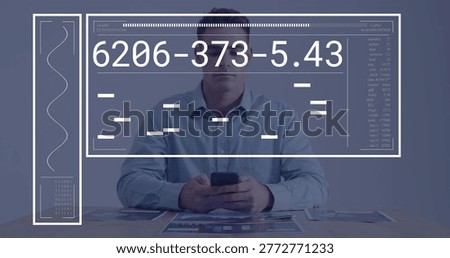 Holding man in light blue button shirt scrolling phone over charts at desk, HUD 6206-373-5.43. Professional, office, tablet, infographic, documents, analytics, data