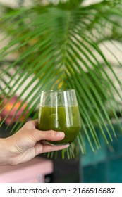 Holding Matcha Iced Green Tea. Detox Drink Still Life