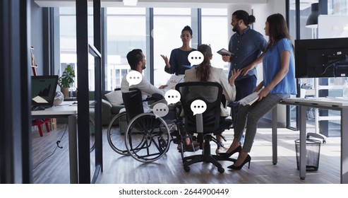 Holding meeting coworkers wearing business attire exchanging ideas in office, with wheelchair. Collaboration, diversity, accessibility, innovation, professional, teamwork, modern