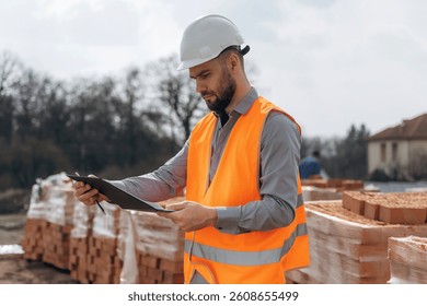 Holding notepad with documents. Construction worker is at job with bricks outdoors.