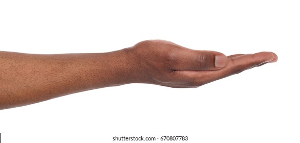 Holding or offering. Outstretched male hand, man keeping empty palm on white isolated background