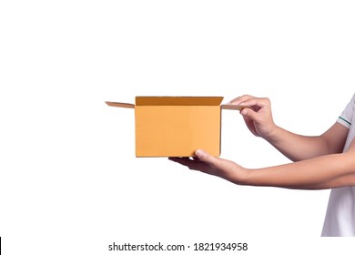 ็Hand Holding Open Cardboard Box Isolated On White Background. 