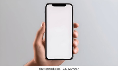 holding an phone on a background, in the style of minimalist backgrounds, light gray, uhd image, cecilia beaux, streamlined forms, screen format, high quality photo - Shutterstock ID 2318299087