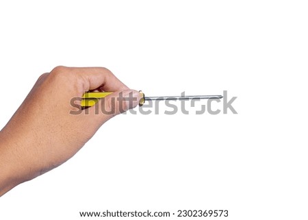 ็Hand holding screwdriver isolated on white background