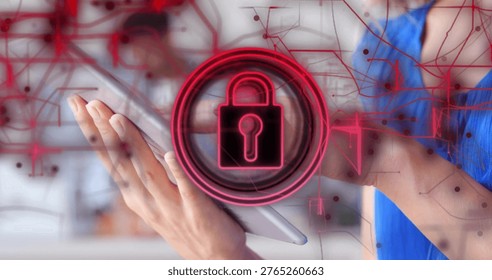 Holding slim tablet, two hands showing padlock and network graphics at office, blue sleeveless top. Cybersecurity, dataprotection, encryption, collaboration, teamwork, professionalism, technology