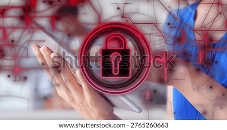 Holding slim tablet, two hands showing padlock and network graphics at office, blue sleeveless top. Cybersecurity, dataprotection, encryption, collaboration, teamwork, professionalism, technology